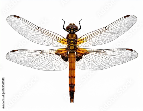Detailed Top-Down View of a Beautiful Dragonfly with Transparent Wings and Orange Body.