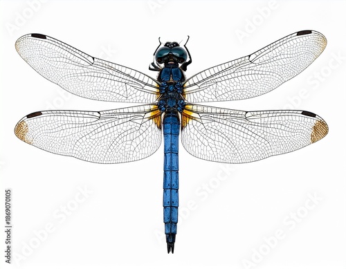 Detailed Top-Down View of a Vibrant Blue Dragonfly with Transparent Wings.
