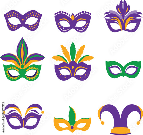 A set of colorful vector carnival masks and butterflies featuring artistic illustration designs for festival celebration, masquerade party icons, and decorative fashion patterns