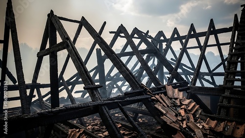 Damaged building structure after fire