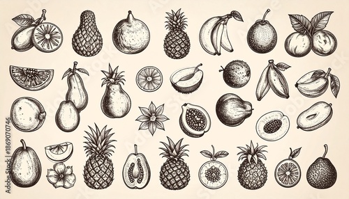 Detailed Vintage Fruit Illustrations - A Collection of Hand-Drawn Botanical Art.