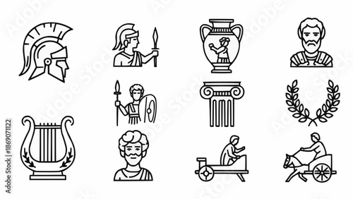 Ancient Greek Icons Collection Featuring Mythology and Warfare.