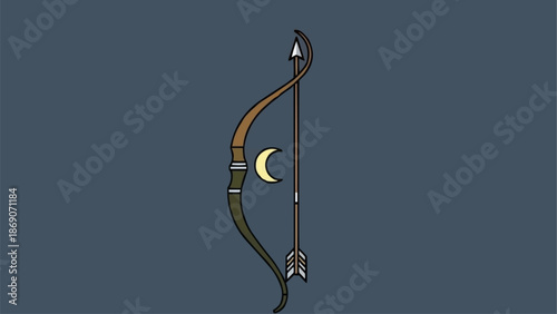 Ancient Bow and Arrow with Crescent Moon Symbol.