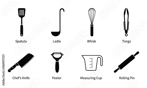 Kitchen utensil collection vector icons with labels for cooking and food prep
