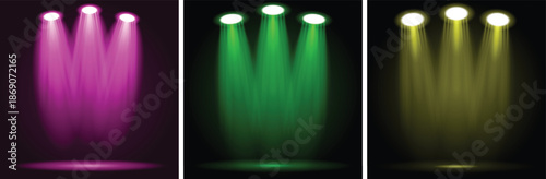 Colorful stage lights in purple green and yellow create an energetic atmosphere during a live music performance