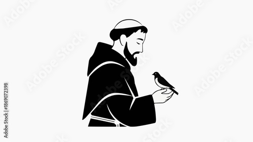 Saint Francis of Assisi gently holding a bird in his hand
