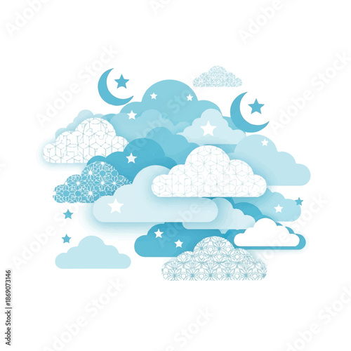 Blue Clouds with Stars and Moons.