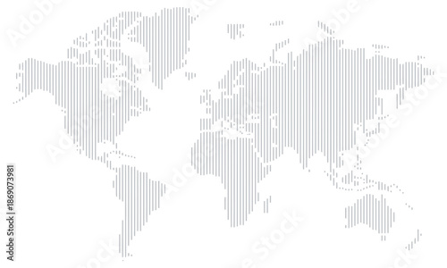 World map vertical line shape design with halftone pixel dots atlas pattern, continents and countries outline, abstract earth background.