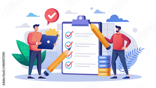 Vector illustration of two people collaborating on checklist, oversized pencil marking tasks, question marks showing inquiry