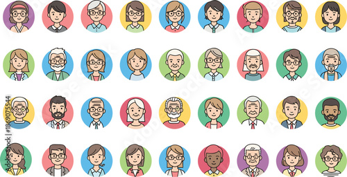 Large collection of diverse avatar icons featuring men and women of various ages and ethnicities in a flat minimalist line art style
