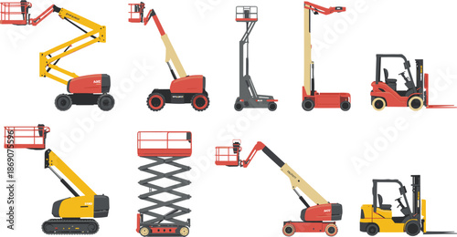 Construction lifting equipment vector illustration set featuring boom lifts scissor lifts forklifts aerial platforms industrial machines isolated white background