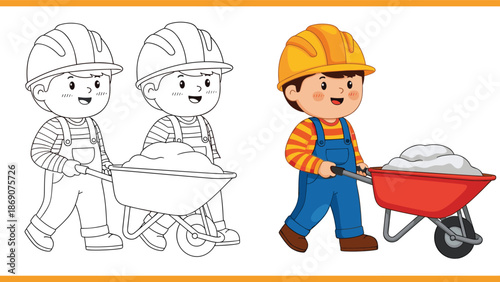 Cute cartoon boy construction worker pushing a red wheelbarrow full of sand with coloring book page version isolated on white background