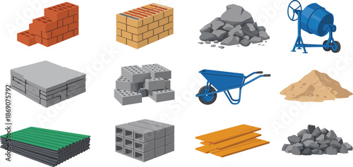 Construction materials vector illustration set including bricks concrete blocks sand gravel cement mixer wheelbarrow lumber and building supplies isolated
