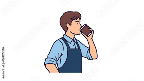 A person wearing an apron taking a sip from a disposable coffee cup