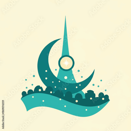 Crescent Moon with Tower and Stars Illustration.