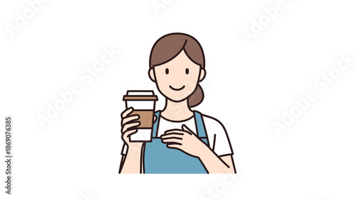 Warm and inviting illustration of a female cafe worker or barista smiling while holding a fresh hot beverage in a disposable cup, ready to serve customers