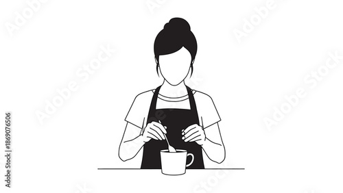 Minimalist line art illustration of a woman in an apron stirring a warm beverage in a mug, symbolizing morning routines or drink service