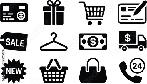 A vector illustration features a set of shopping icons including a cart, basket, bag, gift box, and price tag symbols for retail store business and web delivery services
