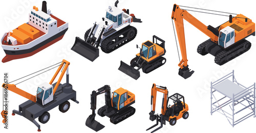 Isometric construction machinery vector illustration set featuring excavators loaders cranes forklifts ships scaffolding heavy equipment isolated white background
