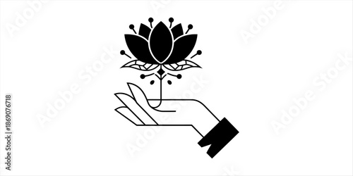 A minimalist black and white line art illustration of a hand holding a lotus flower Vector, illustration