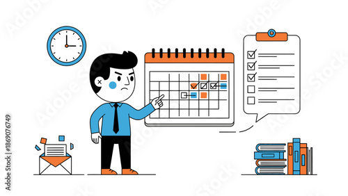 Illustration of a frustrated businessman pointing at a calendar with many tasks and deadlines, symbolizing project management and time organization