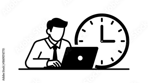 Professional working diligently on a laptop with a prominent clock, symbolizing efficient time management, project deadlines, and optimized productivity within a corporate business environment