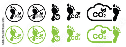Carbon Footprint Reduction Icons- Net Zero CO2 Emission & Eco-Friendly Sustainability Symbols