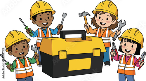 Diverse Group of Happy Children Wearing Construction Safety Vests and Hard Hats Holding Hand Tools Around a Large Yellow Toolbox