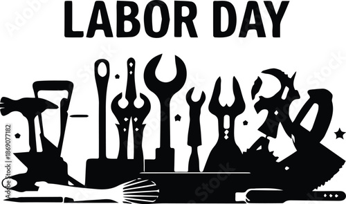 Labor Day celebration vector illustration with workers silhouettes tools raised fists and industrial elements representing unity rights and working class strength