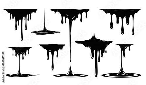 Abstract liquid drip and tear silhouettes black vector elements isolated on transparent background