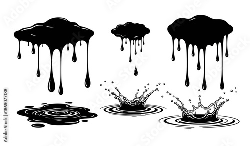 Black ink water drips and splashes vector silhouettes isolated on transparent background