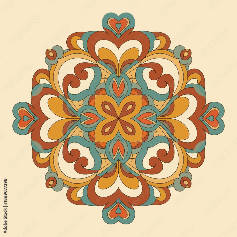 Fototapeta premium Retro Style Mandala Design with Heart Shapes in Earthy Tones