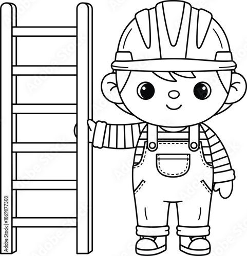 Coloring Page Vector Illustration of a Cute Boy Construction Worker Wearing a Hard Hat and Overalls Standing Next to a Ladder