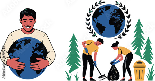 Illustrations showing people engaged in environmental cleanup and caring for the planet