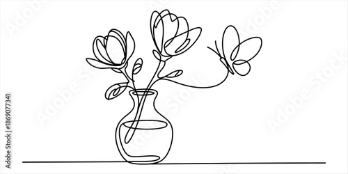 Continuous one-line drawing of flowers in a vase with a butterfly flying towards them Vector, illustration