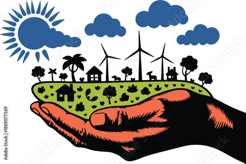 Open hand cradling a tiny green landscape featuring houses trees and wind turbines under a blue sky