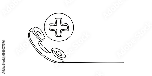 Continuous line drawing of a telephone receiver with a medical cross symbol representing medical assistance Vector, illustration
