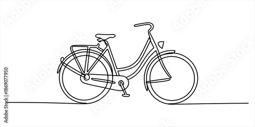 Continuous line art drawing of a classic city bicycle silhouette against a white background Vector, illustration