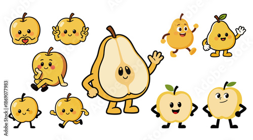 Cute Korean pear character with pear tree leaves in watercolor style for mascot IP and packaging design elements