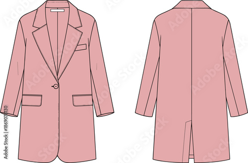 Blazer coat technical sketch, fashion CAD drawing, flat vector illustration, notched lapel, flap pocket, tailored fit, garment design, apparel