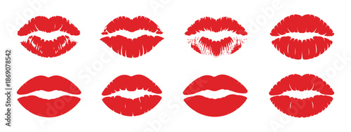 Red kiss lips imprints on white background with realistic texture and smudged lipstick marks for romantic and beauty concepts vector illustration