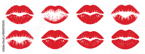 Red kiss lips imprints on white background with realistic texture and smudged lipstick marks for romantic and beauty concepts vector illustration