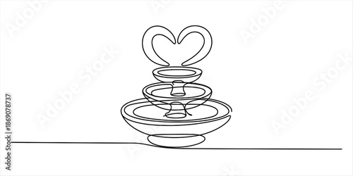 Continuous line drawing of a tiered fountain with a heart shape at the top Vector, illustration