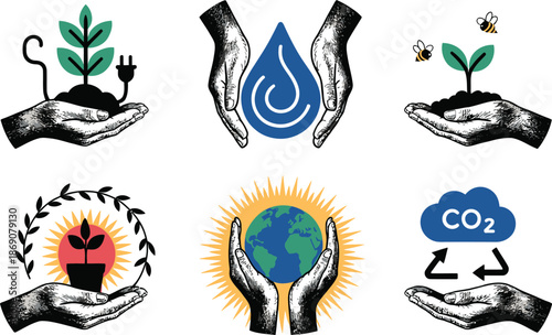Two hands support a cloud symbol indicating carbon dioxide reduction and recycling for a greener future