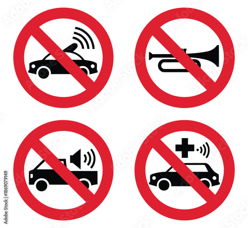 Prohibition signs against honking cars showing warning symbols, no horn icons, traffic silence rules and road safety alerts.