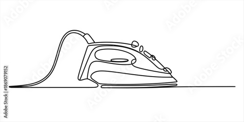 A minimalist single continuous line art drawing of an electric iron on a white background. Vector, illustration