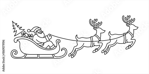 Simple line art illustration of santa claus in a sleigh pulled by reindeer Vector, illustration