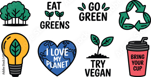 Various environmental symbols and phrases encouraging a mindful, sustainable, and eco conscious lifestyle