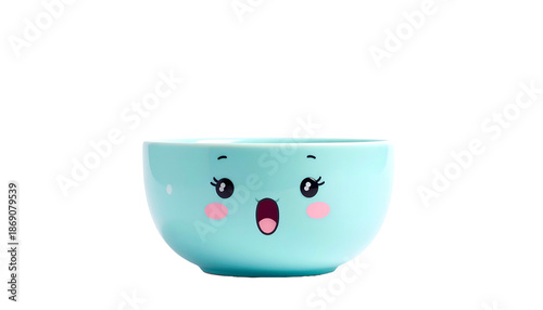 An adorable, animated, teal-colored bowl with a shocked expression on a black background