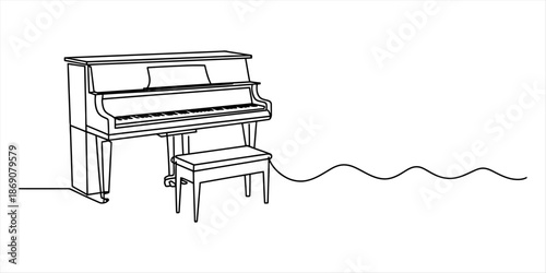 Continuous line art drawing of an upright piano with bench and sound wave Vector, illustration
